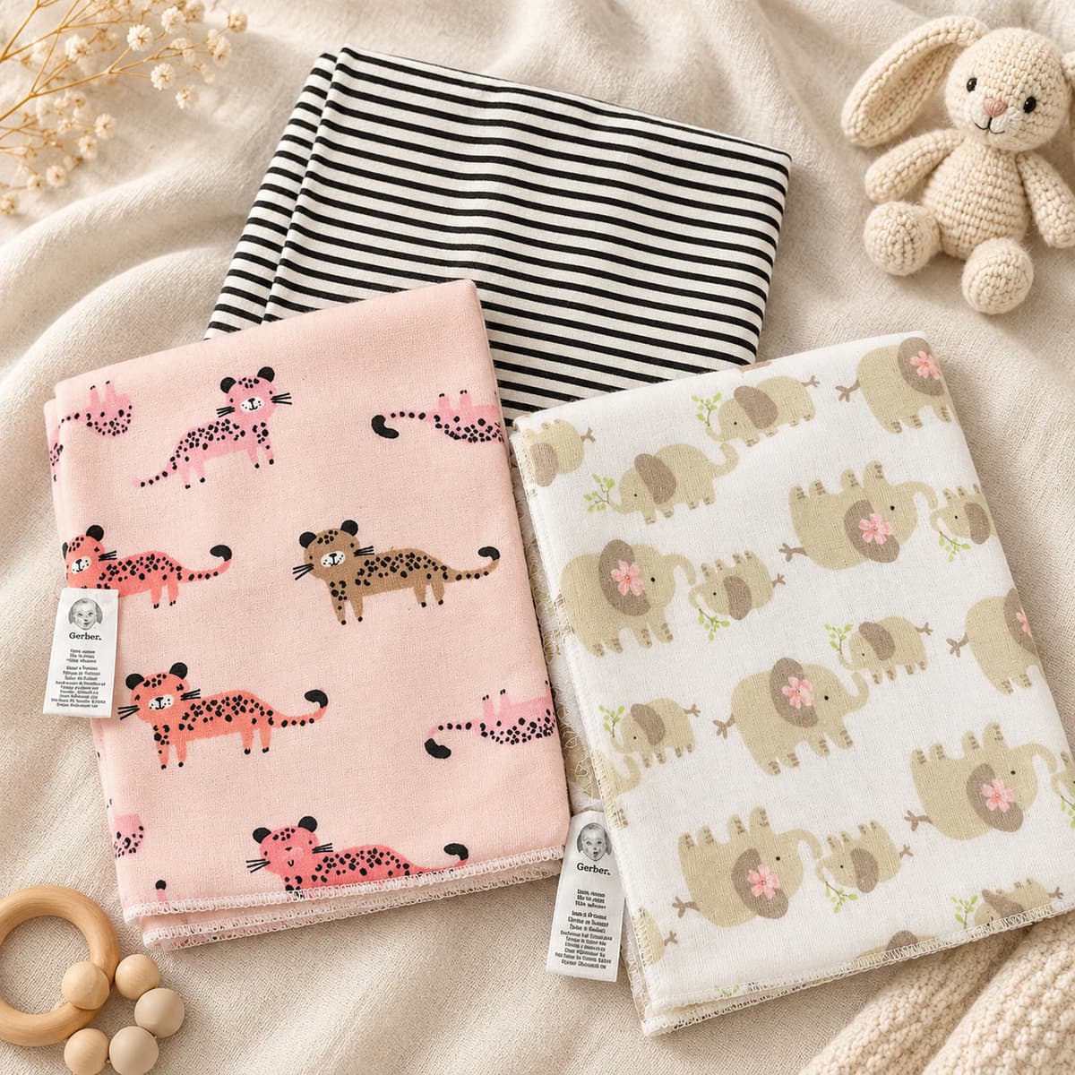 Three folded flannel sheets: black and white stripes, pink with leopards, and white with sage elephants