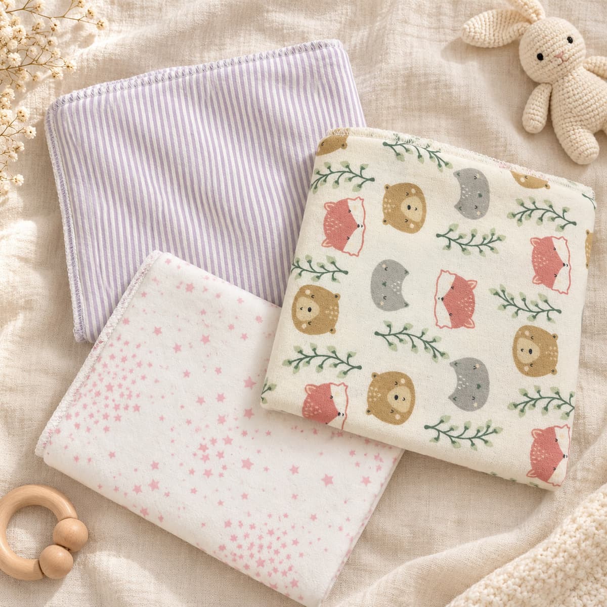 Three folded flannel sheets: lilac pinstripe, white with pink speckles, and cream with bear, kitten and fox faces