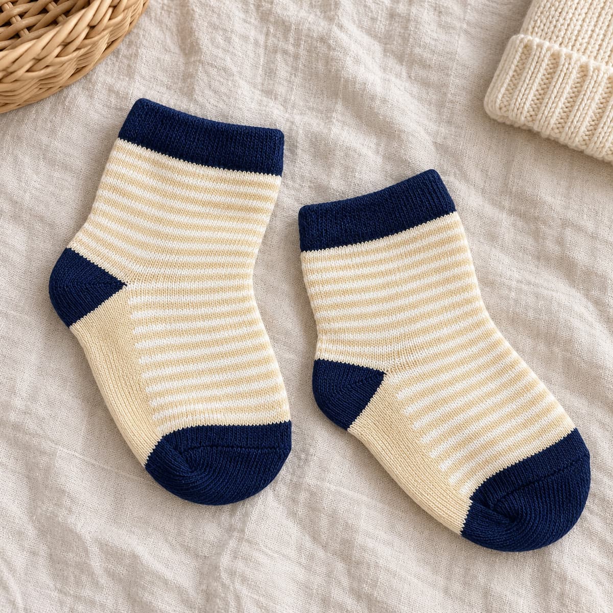 Beige striped baby socks with navy cuffs, heels and toes on cream linen with nursery props