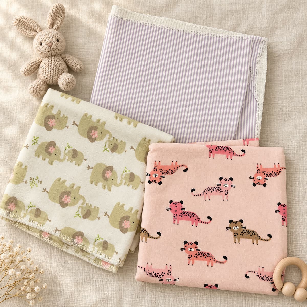 Three folded flannel sheets: lilac pinstripe, cream with sage elephants, and pink with leopards