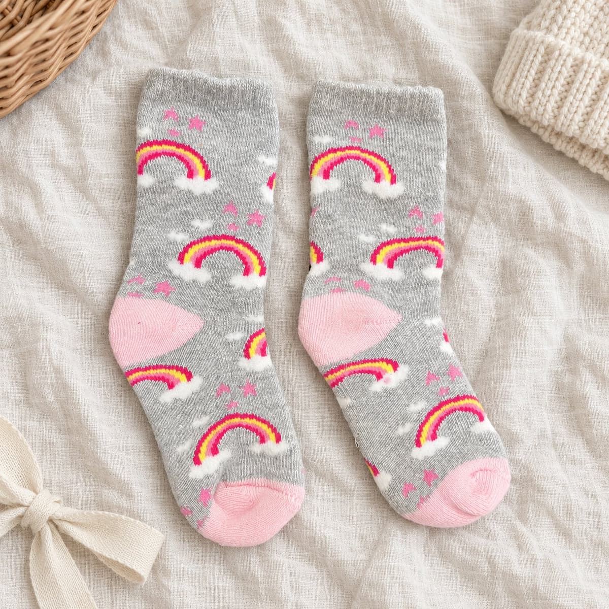 Grey rainbow socks with pink heels and toes on cream linen with nursery props