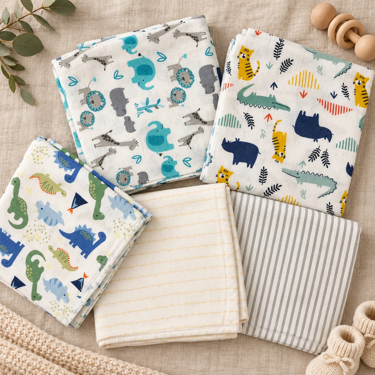 Five folded flannel sheets: safari animals, jungle tigers and crocodiles, dinosaurs, yellow pinstripe and grey stripes