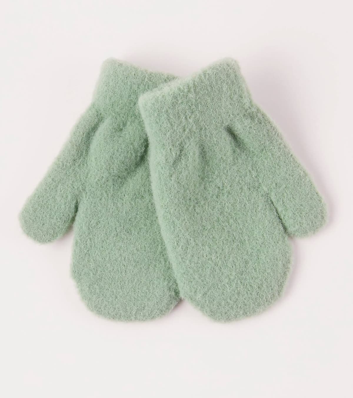 Pair of sage green brushed baby mittens, laid flat