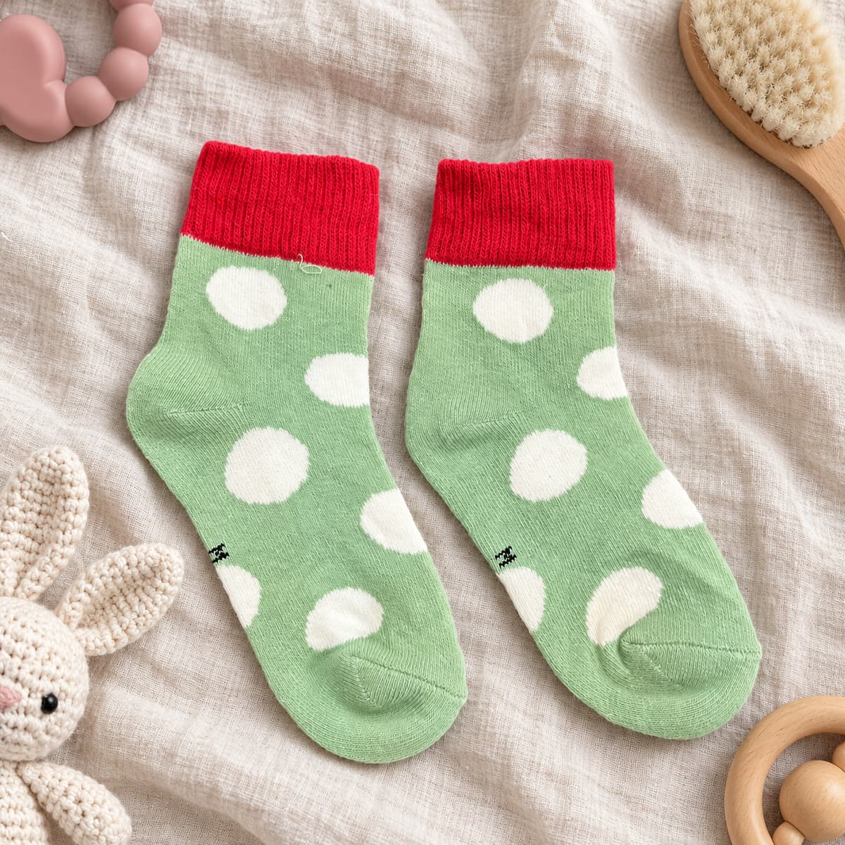 Sage-green polka dot socks with red cuffs on cream linen with nursery props