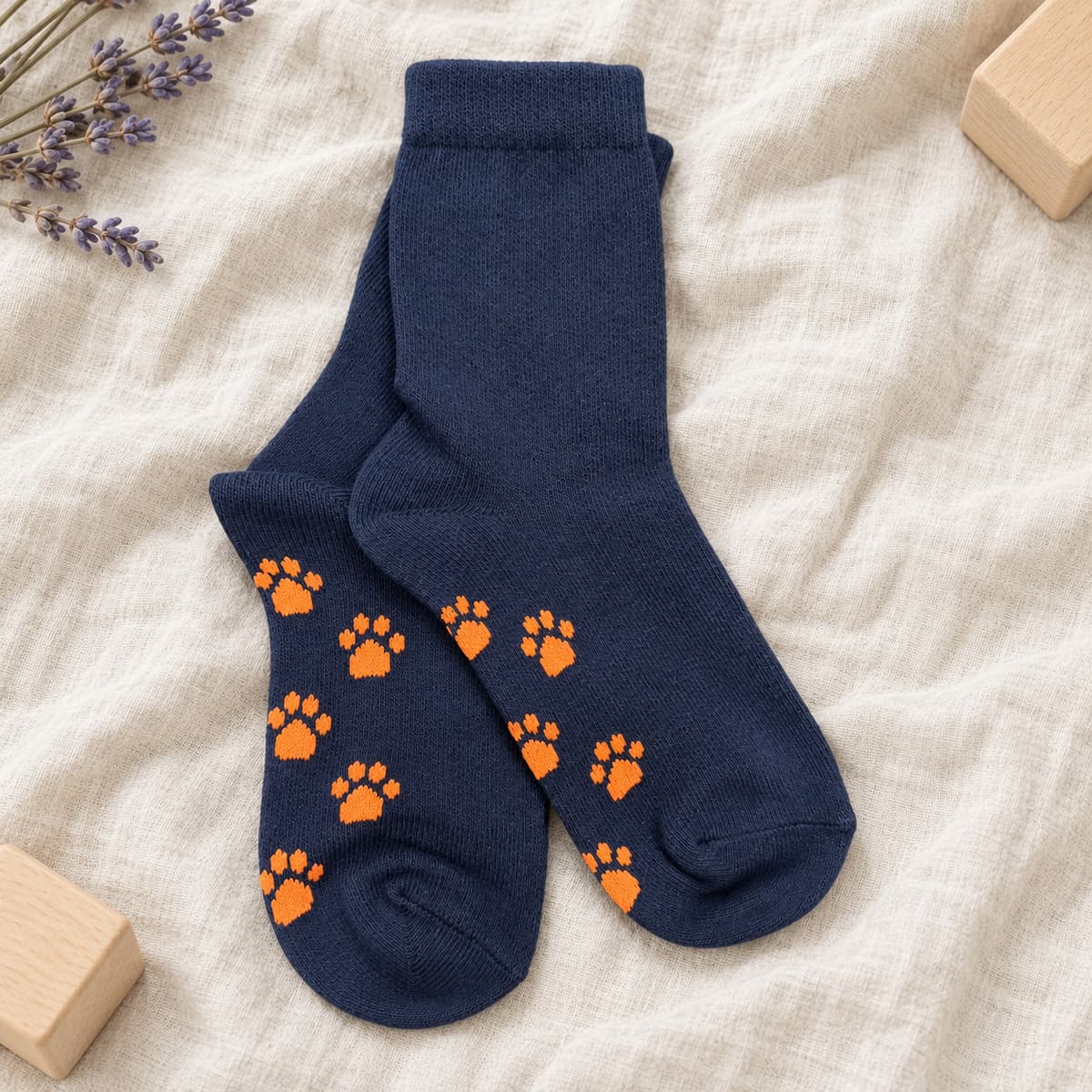 Navy socks with orange paw prints on the soles on cream linen with nursery props
